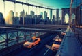 Cubs speeding at sunset on Brooklyn Bridge, Manhattan. One of the most iconic bridges in the world, New York City