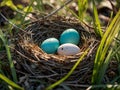cuckoo bird thrush eggs in a nest of thin branches close-up Royalty Free Stock Photo