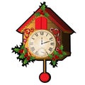 Cuckoo clock decorated with leaves and berries Holly isolated on a white background. Sketch for greeting card, festive Royalty Free Stock Photo