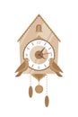 Cuckoo clock flat vector illustration. Vintage time measuring device with two decorative birds isolated on white