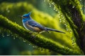 Cuckoo Perched on Moss-Covered Tree Branch, Featuring Intricately Feathered Texture - Nature Scene with Dew-Sparkled Leaves and Royalty Free Stock Photo