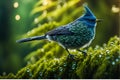 Cuckoo Perched on Moss-Covered Tree Branch, Featuring Intricately Feathered Texture - Nature Scene with Dew-Sparkled Leaves and