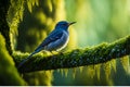 Cuckoo Perched on Moss-Covered Tree Branch, Featuring Intricately Feathered Texture - Nature Scene with Dew-Sparkled Leaves and Royalty Free Stock Photo