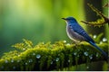 Cuckoo Perched on Moss-Covered Tree Branch, Featuring Intricately Feathered Texture - Nature Scene with Dew-Sparkled Leaves and Royalty Free Stock Photo