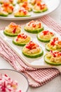 Cucumber appetizers with tuna and salmon spread with radish, fingerfood, healthy bits