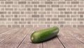 Cucumber close up. Wooden table and brick wall background