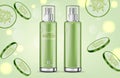 Cucumber cream collection Vector realistic. Moisturizer hydration cosmetics. Product packaging mockup. Detailed green