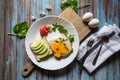 Cucumber and egg ingredients on bread toast in a plate on a wooden platter Royalty Free Stock Photo