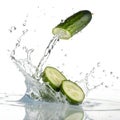 Cucumber falling with water splash isolated on white background Royalty Free Stock Photo