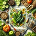 The cucumber features prominently in the collage, surrounded by other vegetables and seeds. The cucumber is cut into slices and