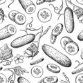 Cucumber hand drawn seamless pattern. vegetable