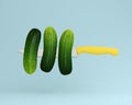 Cucumber impaled on stainless kitchen knives on blue pastel back Royalty Free Stock Photo