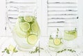 Cucumber infused hydrating water with thyme and lime. Homemade flavored lemonade on rustic old wooden table.