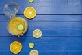Cucumber jam in a glass jar with slices of lemon and cucumber orange ingredients on a blue wooden background. flatlay. horizontal