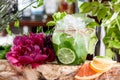 Cucumber lemonade with ice and slices of cucumber and lime in beautiful round glass on the background of fresh flowers Royalty Free Stock Photo