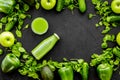 Cucumber, pepper, apple, celeriac. Vegetables for greeny organic smoothy for sport diet on dark background top view Royalty Free Stock Photo