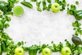 Cucumber, pepper, apple, celeriac. Vegetables for greeny organic smoothy for sport diet on stone background top view Royalty Free Stock Photo