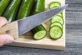 Cucumber pictures cut on the cutting board, cutting the cucumber with the knife,