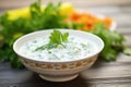 cucumber raita in a white bowl with mint garnish Royalty Free Stock Photo