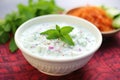 cucumber raita in a white bowl with mint garnish Royalty Free Stock Photo