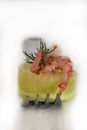 Cucumber roll with shrimp cheese and dill on a fork. Light background Royalty Free Stock Photo