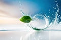 a cucumber slice dropped into water splash with droplets, blurred natural background Royalty Free Stock Photo