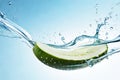 a cucumber slice dropped into water splash with droplets, blurred natural background Royalty Free Stock Photo