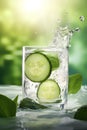 Cucumber slices falling into glass of water with splash on nature background