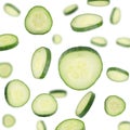 Cucumber Slices Flying in Air on White Background. Set of Close Up Sliced Cucumber Royalty Free Stock Photo