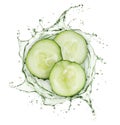 Cucumber slices rotate in splashes of juice on white background