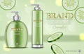 Cucumber soap and shampoo Vector realistic. Product packaging mockup cosmetics. Detailed white bottles with label design Royalty Free Stock Photo