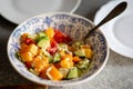 Cucumber and tomato salad with sour cream at a regular kitchen stop at home Royalty Free Stock Photo