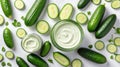 cucumbers background with cream lotion on container jar pot for skincare ad beauty product ai generated