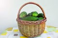 Cucumbers in basket on table cloth. Summer harvest closeup concept image. Organic diet food