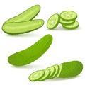 Cucumbers in flat style. Whole cucumber, half, slices and cucumbers group. Fresh farm vegetables collection. Vector illustrations Royalty Free Stock Photo