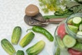 Cucumbers with green hot pepper on the table with glass jar with pickled vegetables cucumber and tomato with herbs and Royalty Free Stock Photo