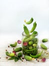 Cucumbers with herbs and spices for pickling in glass jar with flying ingredients Royalty Free Stock Photo