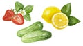 Cucumbers lemon strawberry watercolor isolated on white background