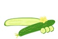 Cucumbers are long and smooth in whole and sliced form