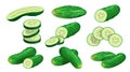 Cucumbers set. Whole, halved, sliced cucumbers. Fresh green cucumbers. Organic vegetables. Best for menu, market designs.