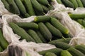 Cucumbers on shelf in store closeup