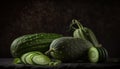 cucumbers on the table, black background, generative ai