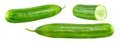 Cucumbers whole and cut isolated on a white background with clipping path. Full depth of field. Set of parts Royalty Free Stock Photo