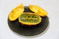 Cucumis metuliferus on the plate. Ripe kiwano. Ripe African horned cucumber