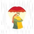 Cuddling couple under the umbrella in rain