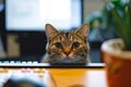 Cuddly Cat Supervises Office Operations From Behind The Computer