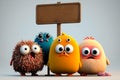 Cuddly extrange funny criatures, ashamed, with blank signboards to help to communicate the messages, copy space, generative ai