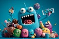 Cuddly extrange funny criatures, cheerful, selfie, with blank signboards to help to communicate the messages, copy space,