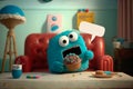 Cuddly extrange funny criatures, eating, with blank signboards to help to communicate the messages, copy space, generative ai
