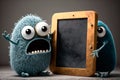 Cuddly extrange funny criatures, scared, with blank signboards to help to communicate the messages, copy space, generative ai